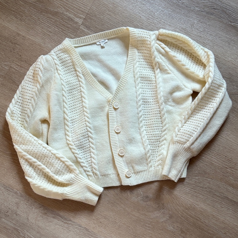 En Creme Cream Cable & Openwork V-Neck Cardigan